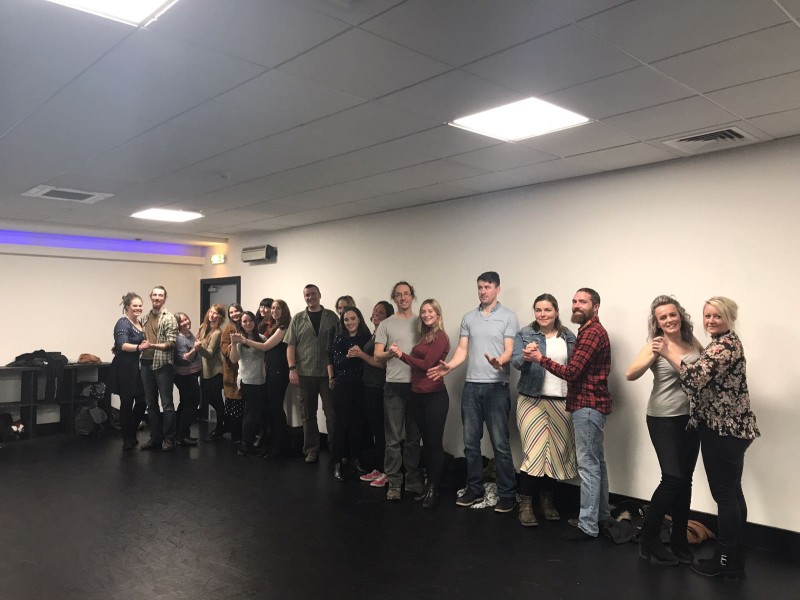 Strictly hen party dance class Manchester - group learning elegant ballroom moves in glamorous outfits